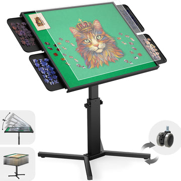 1500 Piece Jigsaw Puzzle Table with Drawers & legs, 28"x35" Large Puzzle Table for Adults, Adjustable height &12 tilt Angle, Wooden Puzzle Board with 4 Drawers & Cover, Birthday Gift for Family（Green）