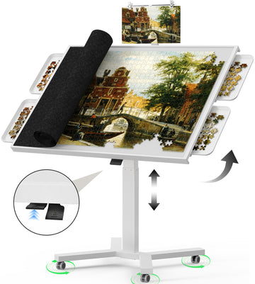 HEBESPACE Adjustable Puzzle Table with Gas Lift System, 180° Flipable, Holds Up to 2000 Pieces,One-Touch Tilt & Height Adjustment（White）（US)