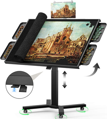 Hebespace Pneumatic Puzzle Table – 180° Flipable, Holds Up to 2000 Pieces, One-Touch Tilt & Height Adjustment (BLACK)