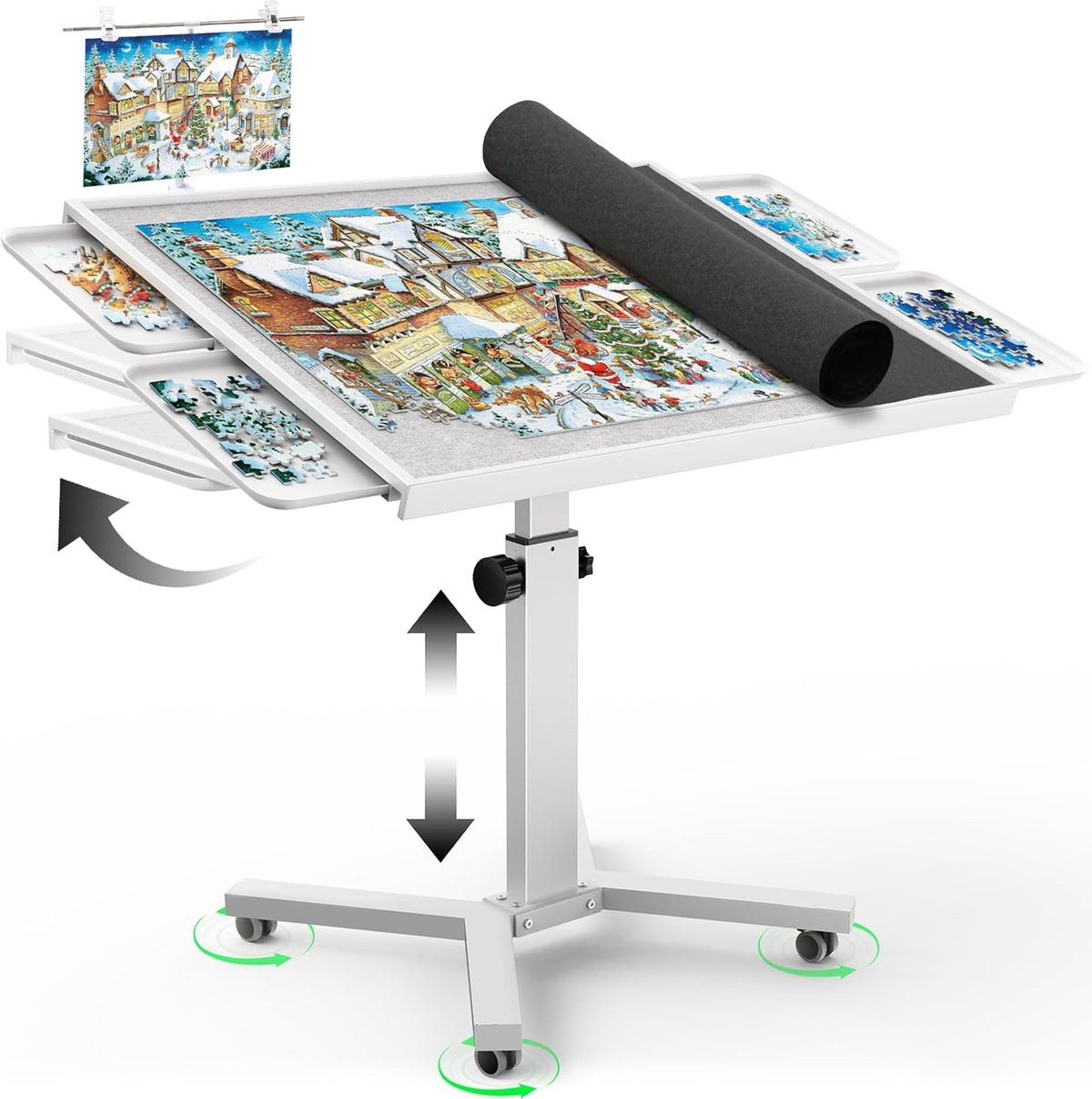 HEBESPACE white 1500-piece adjustable puzzle table with four storage drawers