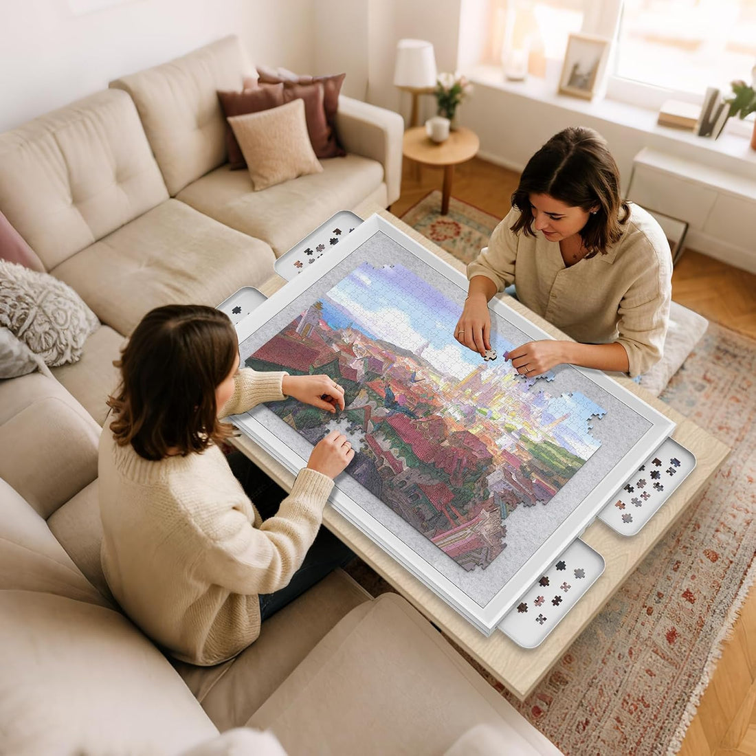 1500 Pieces Move & Rotating Puzzle Board with Drawers，36.42" x 28.94" Portable Jigsaw Puzzle Table for Adults, Wooden Puzzle Board with Covers & Wheels, Birthday Gifts for Mom