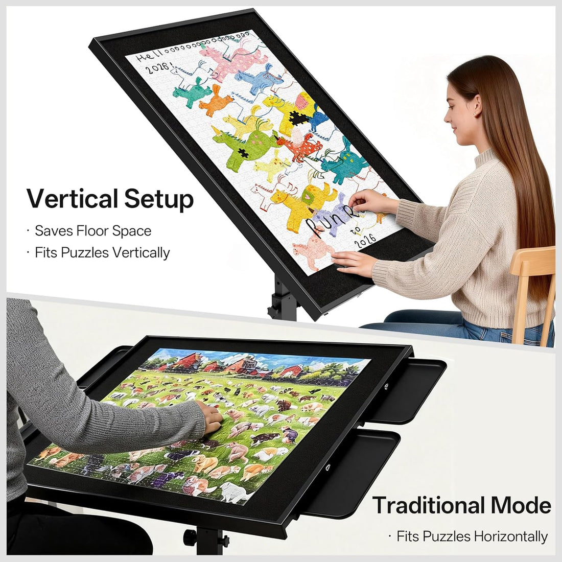 HEBESPACE 1500-Piece Jigsaw Puzzle Table with Horizontal & Vertical Flip Top (Black) (US)