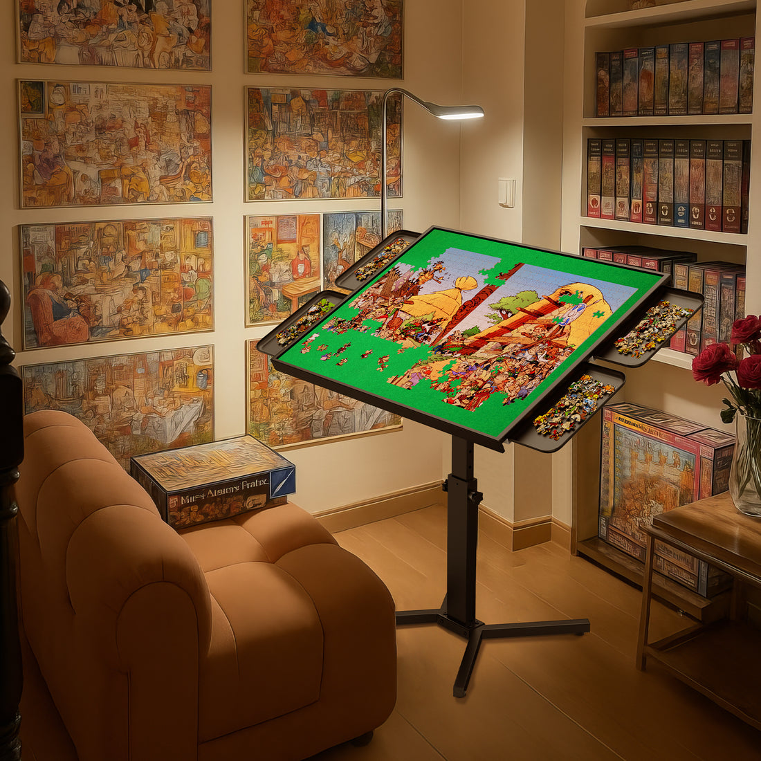 1500 Piece Jigsaw Puzzle Table with Drawers & legs, 28"x35" Large Puzzle Table for Adults, Adjustable height &12 tilt Angle, Wooden Puzzle Board with 4 Drawers & Cover, Birthday Gift for Family（Green）