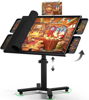2000 Pieces Jigsaw Puzzle Table with Drawers & Legs, 30"x42" Large Puzzle Table for Adults, Adjustable Height &12 Tilting Angles, Wooden Puzzle Board with 4 Drawers & Cover, Birthday Gift for Family（Black）